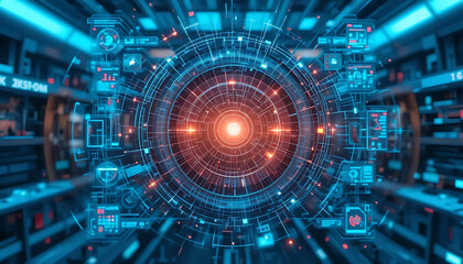 Obraz premium A futuristic holographic interface with digital data and AI integration.