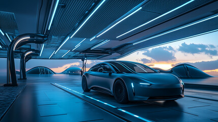 Obraz premium An electric car charging at a futuristic station with solar panels integrated into its roof