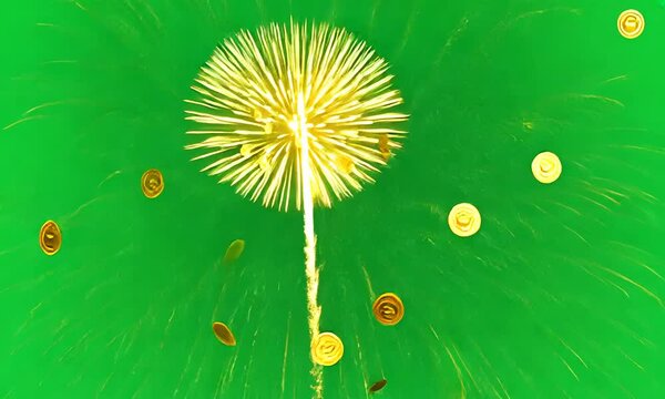 Fireworks exploding in the night sky with gold coins raining down, green screen