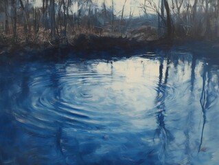 ripples on a dark blue water surface at dusk