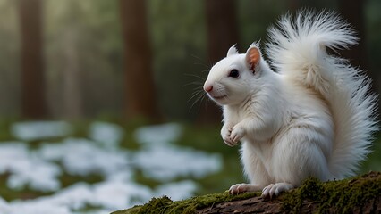 Fototapeta premium close up detailed photo of an albino or white squirrel that lives on green tree grassland forest habitat background