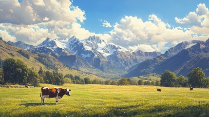 A peaceful moment of a cow grazing in a lush green field, framed by majestic mountains and bathed in a brilliant sunny sky, showcasing rural beauty