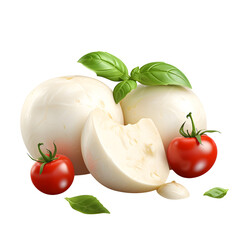 Mozzarella cheese pieces with tomato and leaves on transparent background