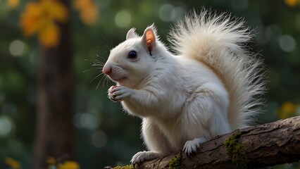 close up detailed photo of an albino or white squirrel that lives on tree branch