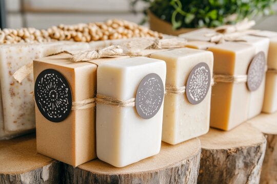 A small business packaging handmade soap bars in kraft paper boxes, with stamps and labels adding a personal touch