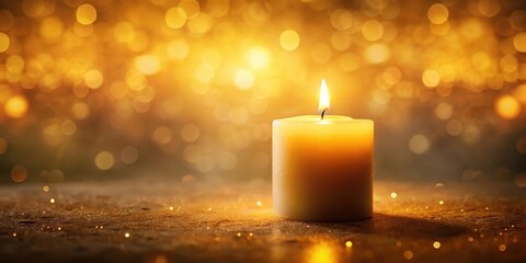 Soft golden light of a candle flame , warm glow, serene setting ,  warm glow, serene setting