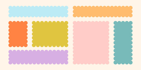 Frames Scalloped Vector Corrugated Bento Grid Shapes Set. Scallop Frame Wavy Retro Stickers Collection. Zig Zag Edge Geometric Borders Tag Boxes. Wiggle Line Design Sign Background. Isolated