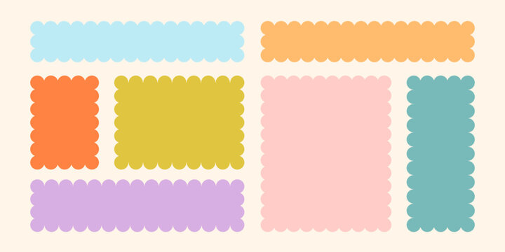 Frames Scalloped Vector Corrugated Bento Grid Shapes Set. Scallop Frame Wavy Retro Stickers Collection. Zig Zag Edge Geometric Borders Tag Boxes. Wiggle Line Design Sign Background. Isolated