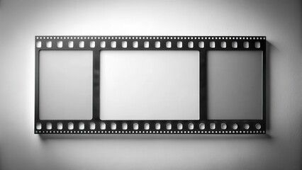Fototapeta premium A single film frame with a transparent background on a light grey or white surface, showcasing the cinema footage and film grain details , film frame, black and white