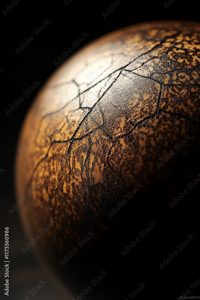 Aufkleber Close-up of a dark brown sphere with intricate crack patterns and textures, illuminated by a single light source against a black background.