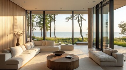 Fototapeta premium Modern living room with large windows overlooking a serene lake and natural surroundings.