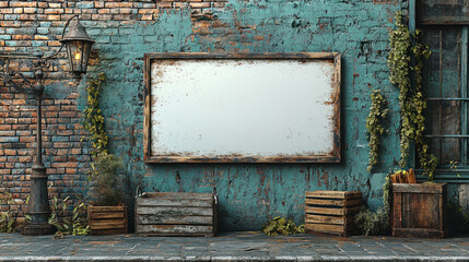 Naklejka premium Blank billboard on weathered wall, street with crates, lamp, plants