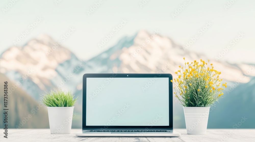 Poster a sleek laptop screen displaying a modern operating system interface with icons, windows, and a mini