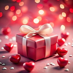 Red gift box, glowing bokeh lights, heart-shaped decorations, romantic atmosphere, soft focus, valentine's day theme
