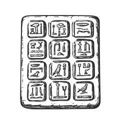 Stone tablet with ancient hieroglyphic writing in a sketch style.
