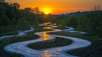 Serpentine pathway winds through lush greenery at sunset, reflecting golden light.