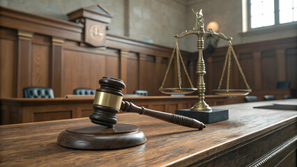 Obraz premium Wooden Gavel and Scales of Justice on Courtroom Table