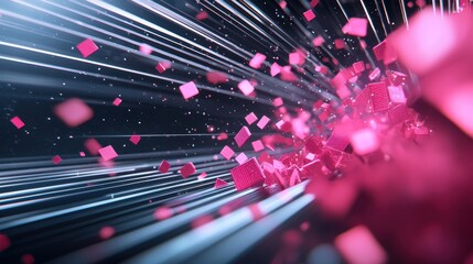 An abstract representation of network data flowing through fiber optic cables, visualized by beams of light and digital particles.