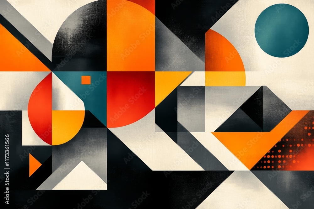 Poster a modern geometric design showcasing symmetrical patterns in bold, vibrant colors against a black ba