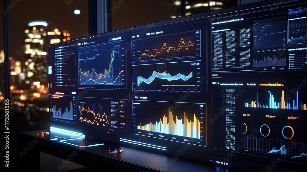 Poster advanced digital interface with 3d graphs and charts in night setting
