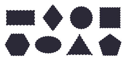 Frames Scalloped Vector Corrugated Shapes Set. Scallop Frame Wavy Retro Stickers Collection. Zig Zag Edge Geometric Borders Tag Boxes. Wiggle Line Design Sign Backgrounds. Isolated