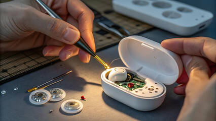 Repairing Wireless Earbuds with Tools on a Workbench Surface