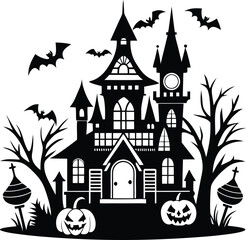 silhouettes of Halloween hunter house with bats on white background