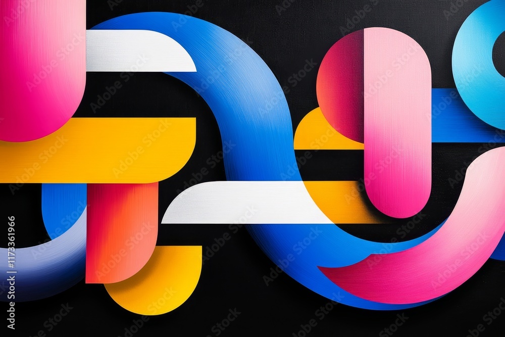 Poster a modern geometric design showcasing symmetrical patterns in bold, vibrant colors against a black ba