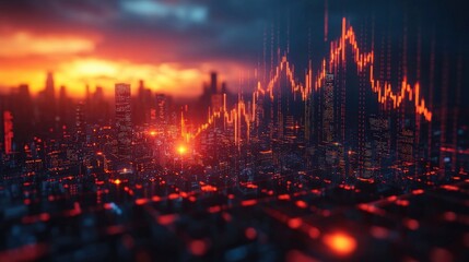 Fototapeta premium Virtual stock market data forming cityscape silhouette