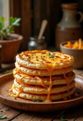Rustic stack of golden cheese blini on wooden plate, warm tones