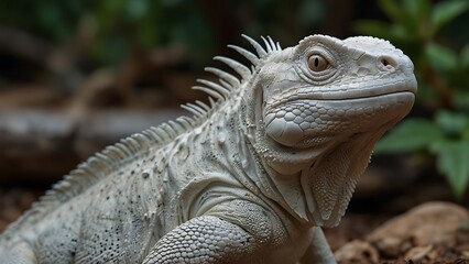Fototapeta premium close up detailed photo of an albino or white iguana that lives on green tree grassland forest habitat background
