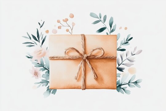 A soft watercolor painting of a kraft paper package tied with a jute bow, surrounded by pastel flowers and greenery