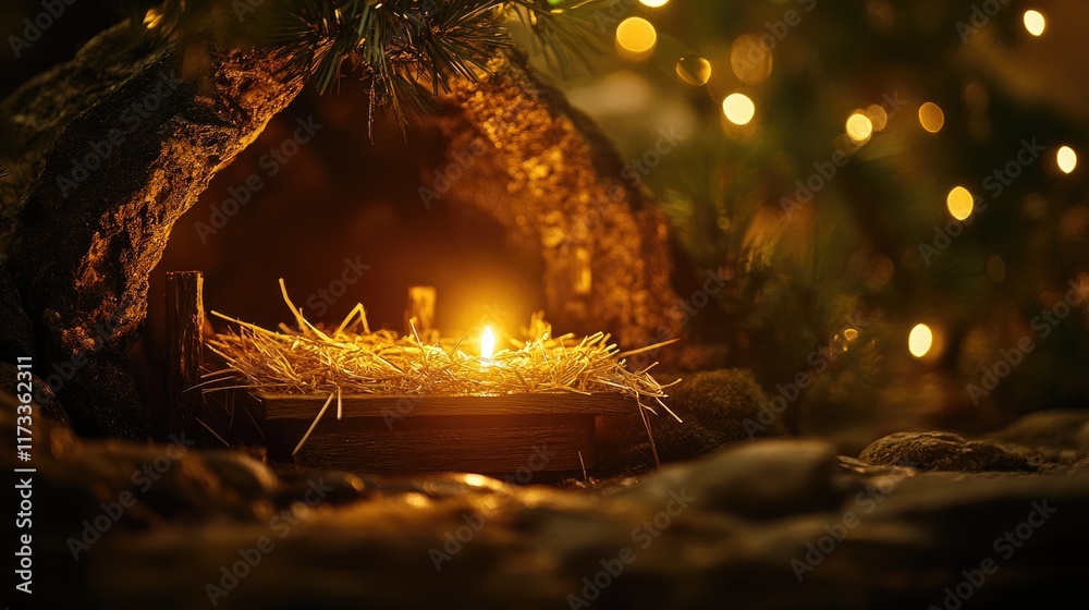 Poster A rustic manger in a dim cave, illuminated by gentle holy light, with soft bokeh effects adding to the spiritual and serene Christmas atmosphere