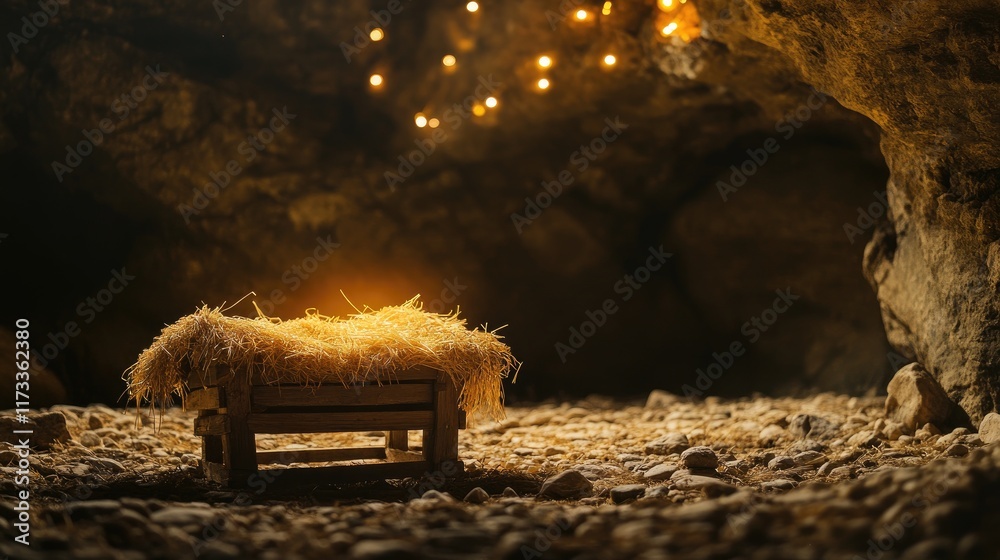 Poster a rustic manger in a dim cave, illuminated by gentle holy light, with soft bokeh effects adding to t