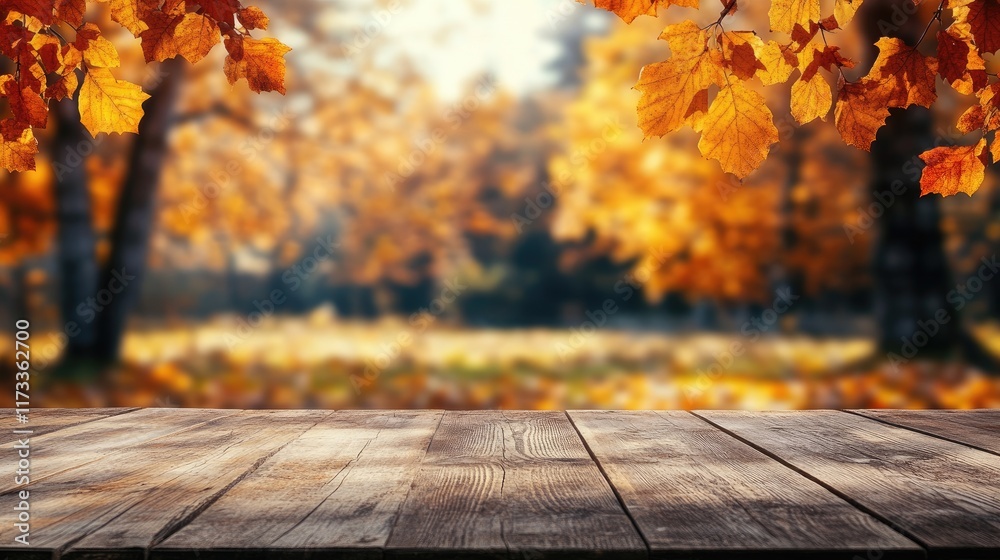 Poster a rustic wooden table nestled among vibrant fall trees with orange hues, creating a warm, cozy fall 
