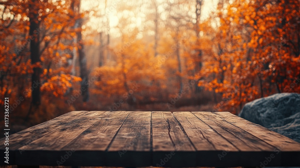 Poster a rustic wooden table nestled among vibrant fall trees with orange hues, creating a warm, cozy fall 