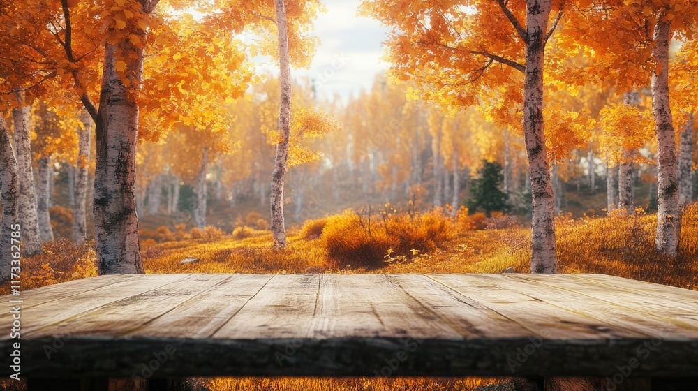 Poster a rustic wooden table nestled among vibrant fall trees with orange hues, creating a warm, cozy fall 