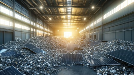 A scene inside a solar panel recycling facility, where piles of damaged panels are sorted for environmentally responsible processing and repurposing