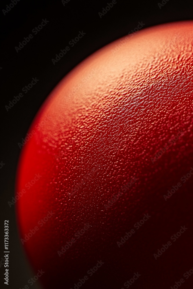 Poster close-up of a textured, red sphere against a dark background.