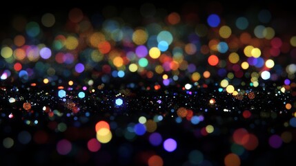 A colorful, blurry image of a cityscape with many bright lights