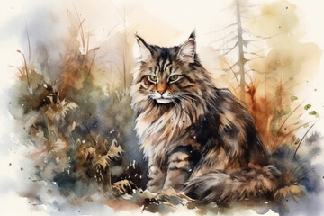 Obraz premium Norwegian Forest Cat in the forest., watercolor style, 