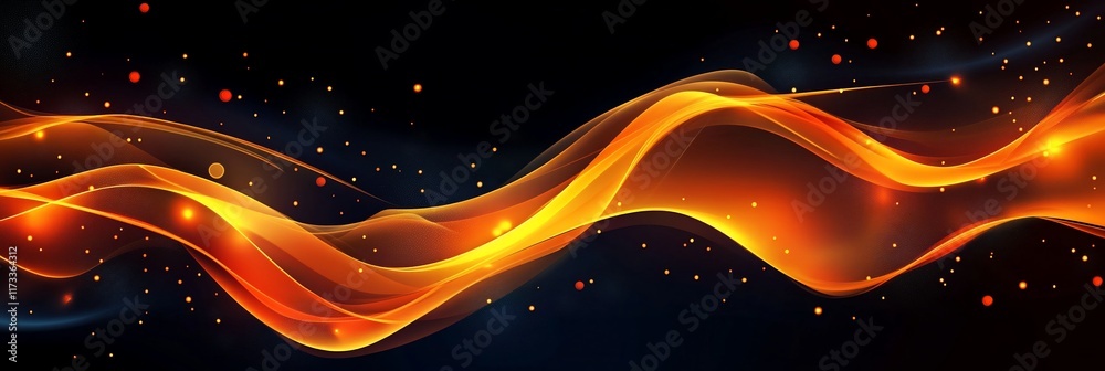 Poster abstract fiery orange wave with glowing particles on dark background.