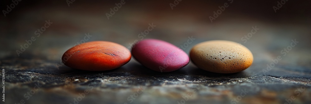 Poster Three colorful stones arranged in a row on a dark surface.