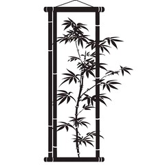 Naklejka premium Bamboo branches in a scroll frame, black silhouette on white background.