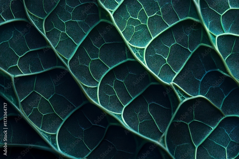 Poster close-up of a dark teal leaf's intricate vein pattern, showcasing its texture and natural design.