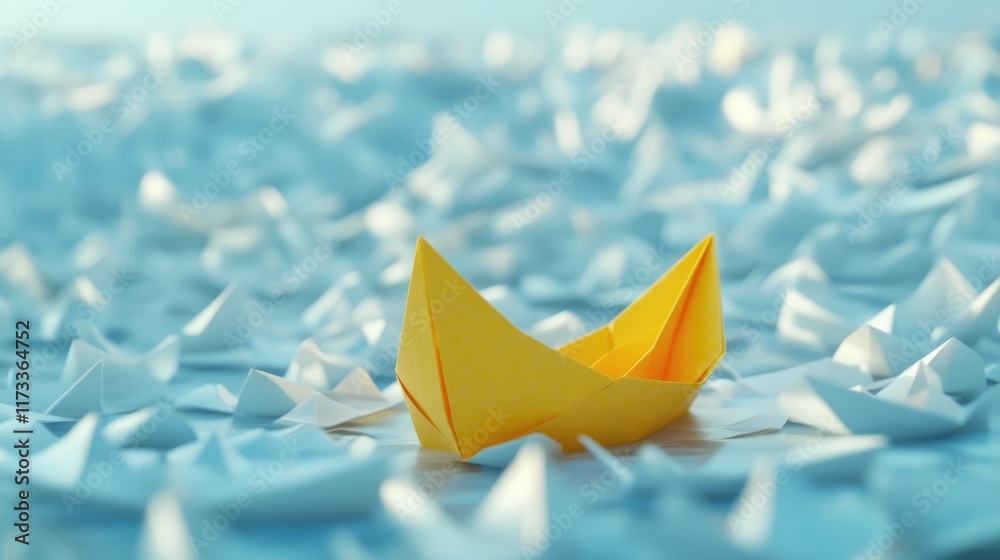 Poster a single yellow paper boat carving its own path through a sea of white boats, representing leadershi