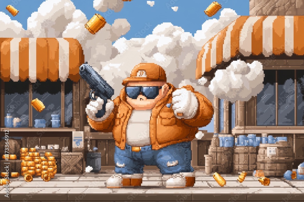 Aufkleber a pixel art animation of a khaki gun being equipped by a retro game character, with pixelated ammo a