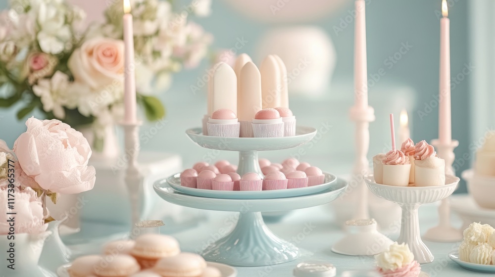 Poster a soft and romantic pastel table setting with premium lipsticks and sweets delicately arranged on de