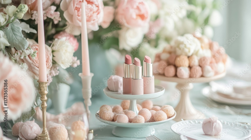 Poster a soft and romantic pastel table setting with premium lipsticks and sweets delicately arranged on de