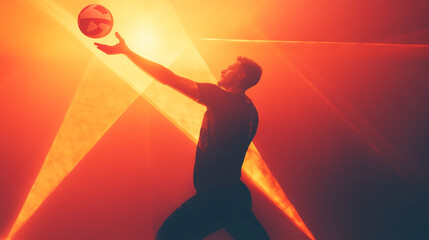Dynamic volleyball player captures attention with powerful serve under vibrant lights